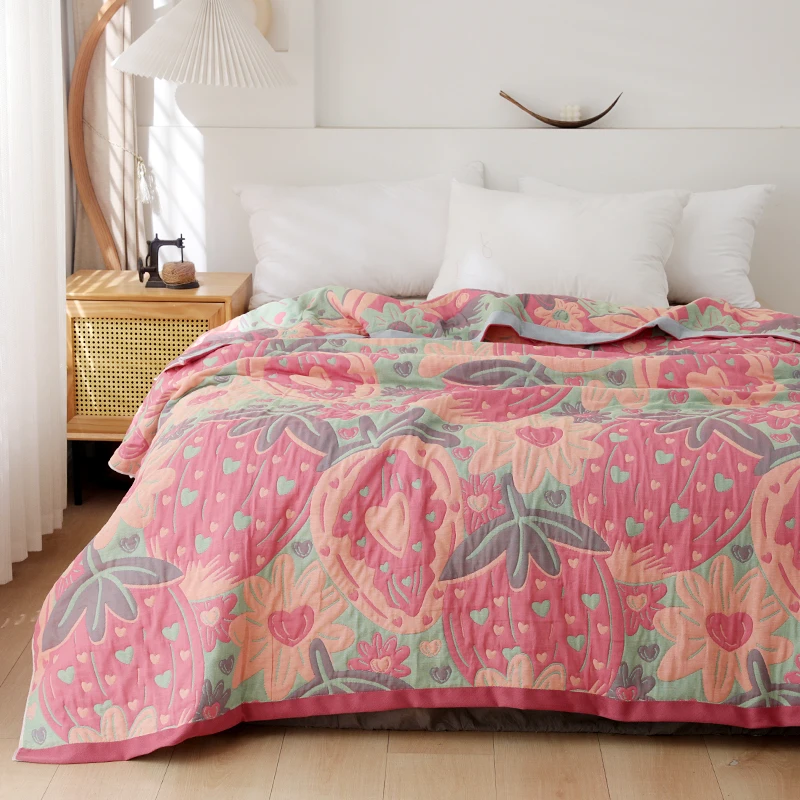 【京かわ会社】纱布盖毯 纯棉加厚四季双人床毯 200*230 草莓花心