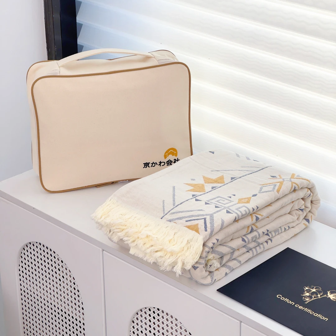 【京かわ会社】纯棉流苏盖毯 原单包装单双人 米亚风情白