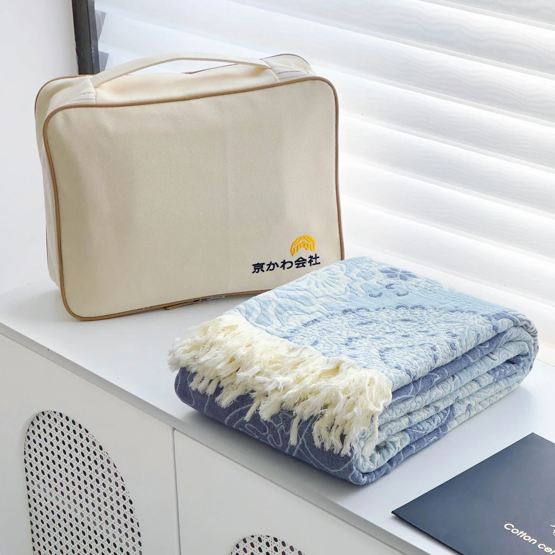 【京かわ会社】纯棉纱布流苏毛巾被单双人 威廉花园蓝