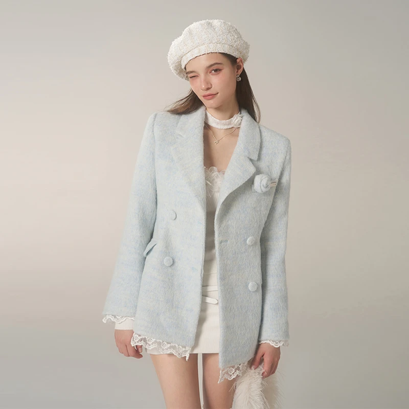 Mess Studio气质辣妹收腰花朵蕾丝拼接中长款保暖呢子西装大衣