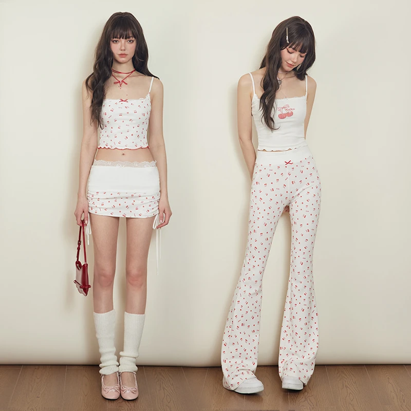 Mess Studio美式甜辣妹樱桃系列吊带T恤半身裙裤长裤居家运动套装