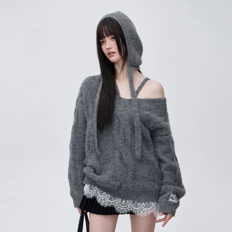 Mess Studio美式辣妹宽松保暖氛围蕾丝格雷系挂脖粗麻花毛衣上衣