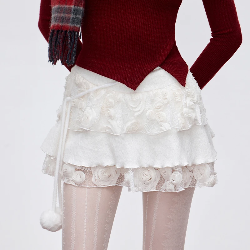 Mess Studio美式辣妹圣诞氛围拼接蕾丝立体玫瑰防走光蓬蓬蛋糕裙