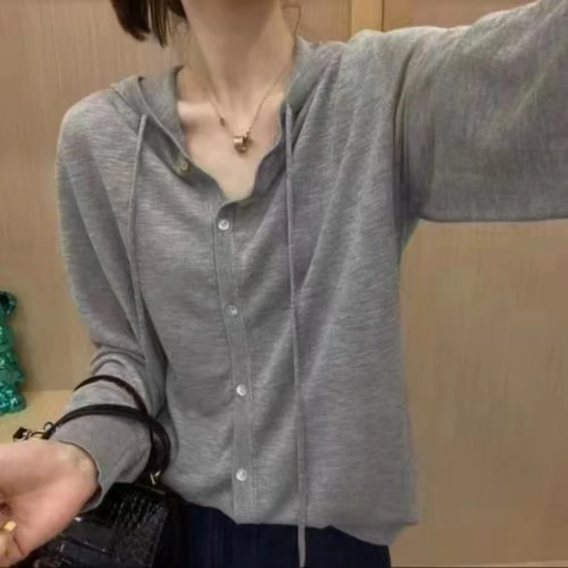 【纯色开衫连帽】夏季薄款醋酸麻针织衫上衣女灰色宽松百搭休闲显瘦