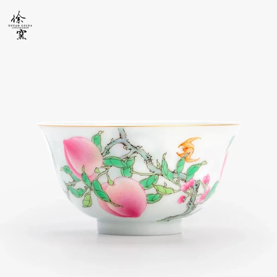 徐窑 粉彩 五桃过枝正德杯景德镇高端手工手绘主人杯中式名窑茶杯