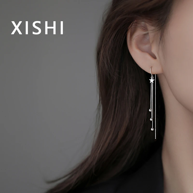 925银耳饰 高档网红显瘦白金耳线女长款流苏气质五角星高级感耳环