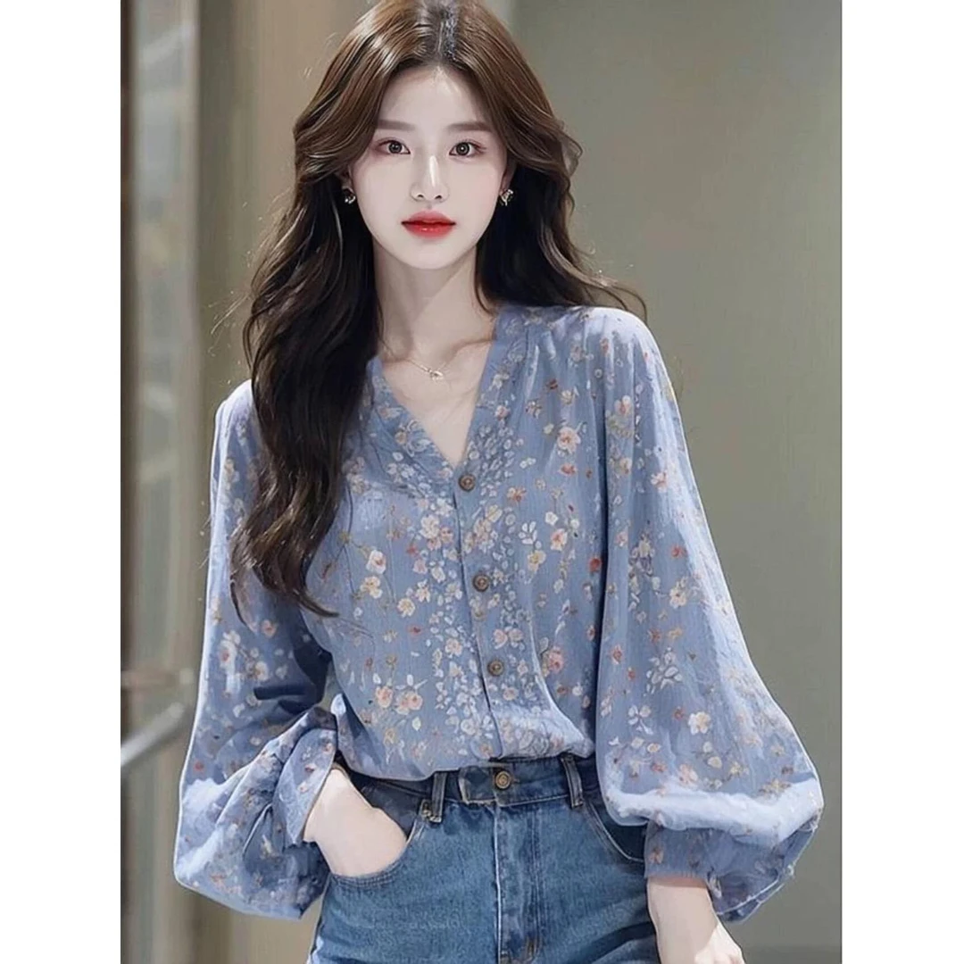 初秋长袖衬衫时尚复古入秋衣服专用印花富家千金衬衣白洋气休闲装