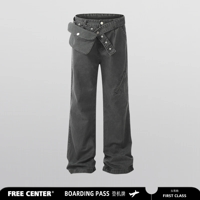 Free Center 美式复古水洗工装口袋腰带牛仔裤男女宽松直筒休闲裤