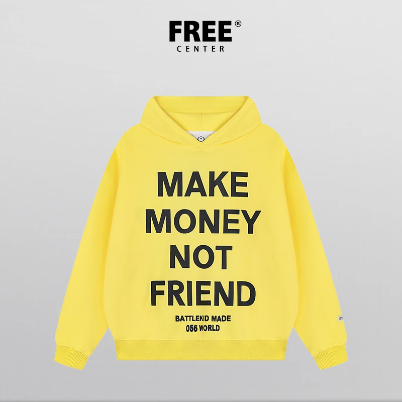 Free Center重磅黄色连帽卫衣男女同款INS字母印花宽松情侣套头衫