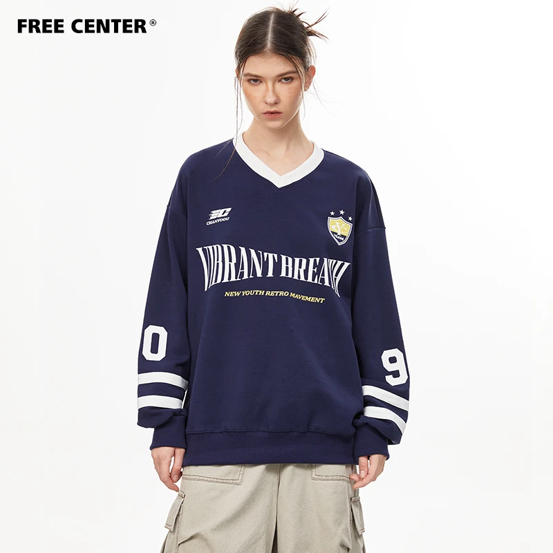 Free Center美式复古V领重磅卫衣男女同款小众长袖运动宽松上衣潮