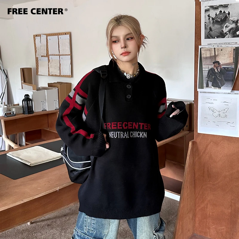 FreeCenter美式复古polo领毛衣女秋冬新品慵懒宽松情侣休闲针织衫