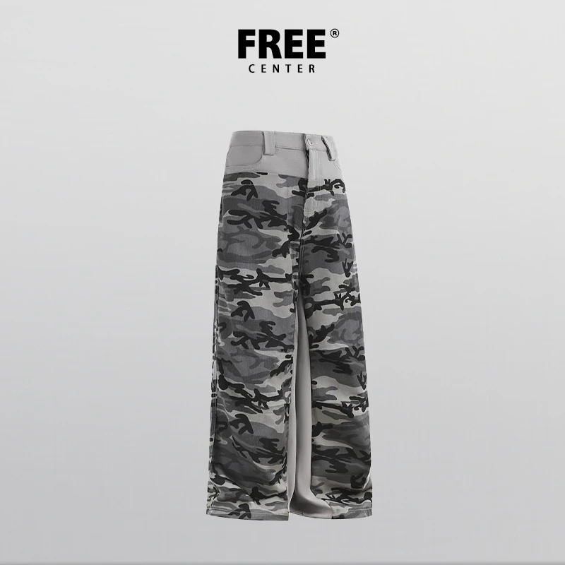FREECENTER美式小众设计感拼接迷彩裤男女高街休闲百搭宽松直筒裤