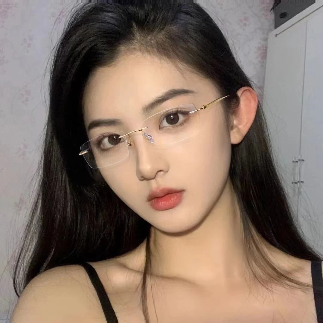 新款纯钛无框超轻近视眼镜女素颜纯欲高级感平光复古显脸瘦防蓝光