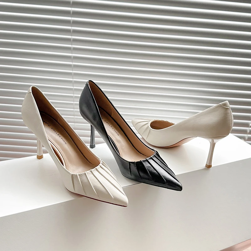 Balla美学●设计感米白色高跟鞋女细跟2025春夏季新款尖头真皮单鞋