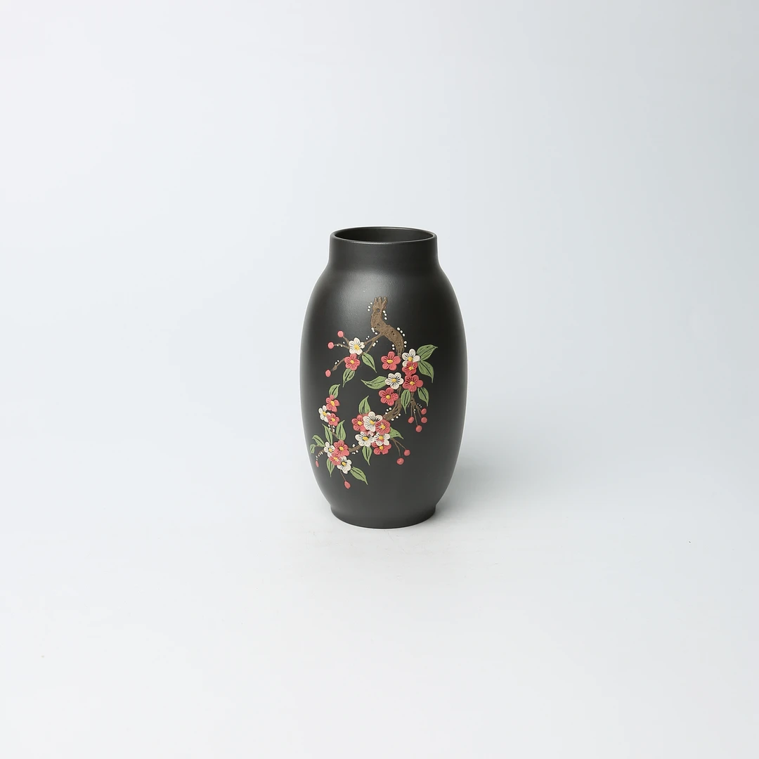 直017 彩绘山茶花 380cc 单层 石黄 精品紫砂原矿便携净水杯