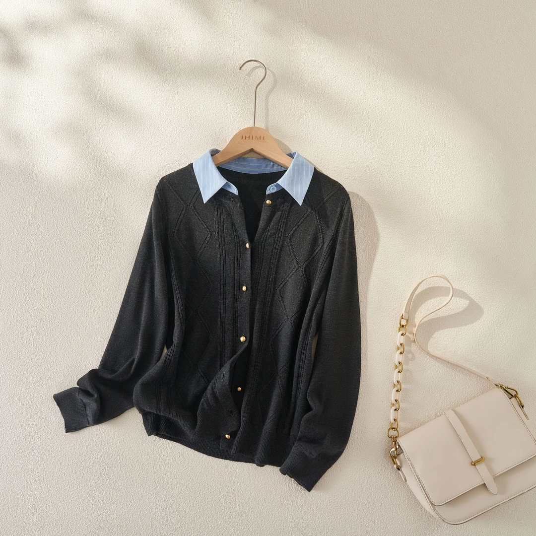 IHIMI/海谧【邂逅】2025春新款女装百搭菱格麻花假两件针织毛衫上衣