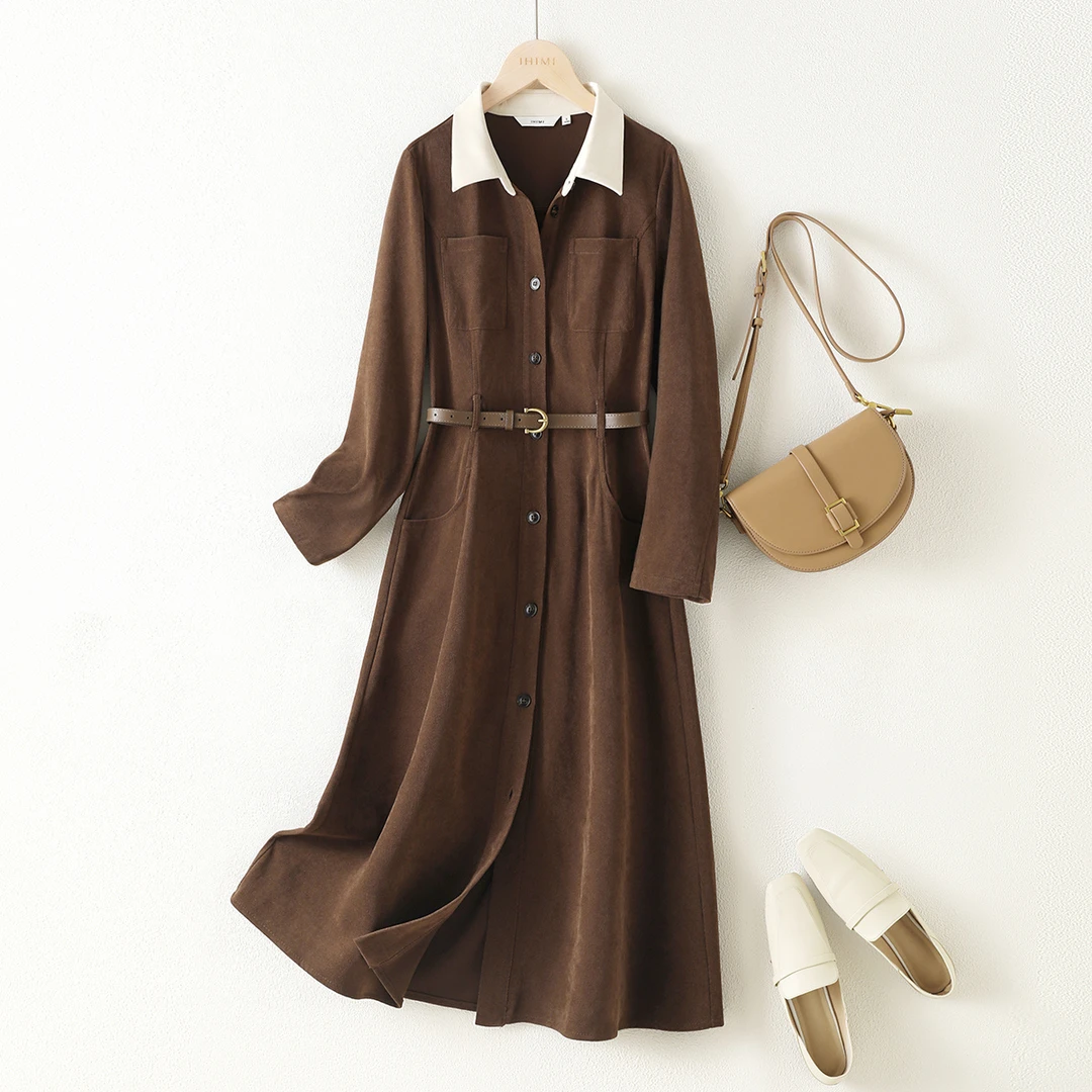 IHIMI/海谧2024年冬季新款女装气质优雅撞色拼接衬衫领腰带连衣裙