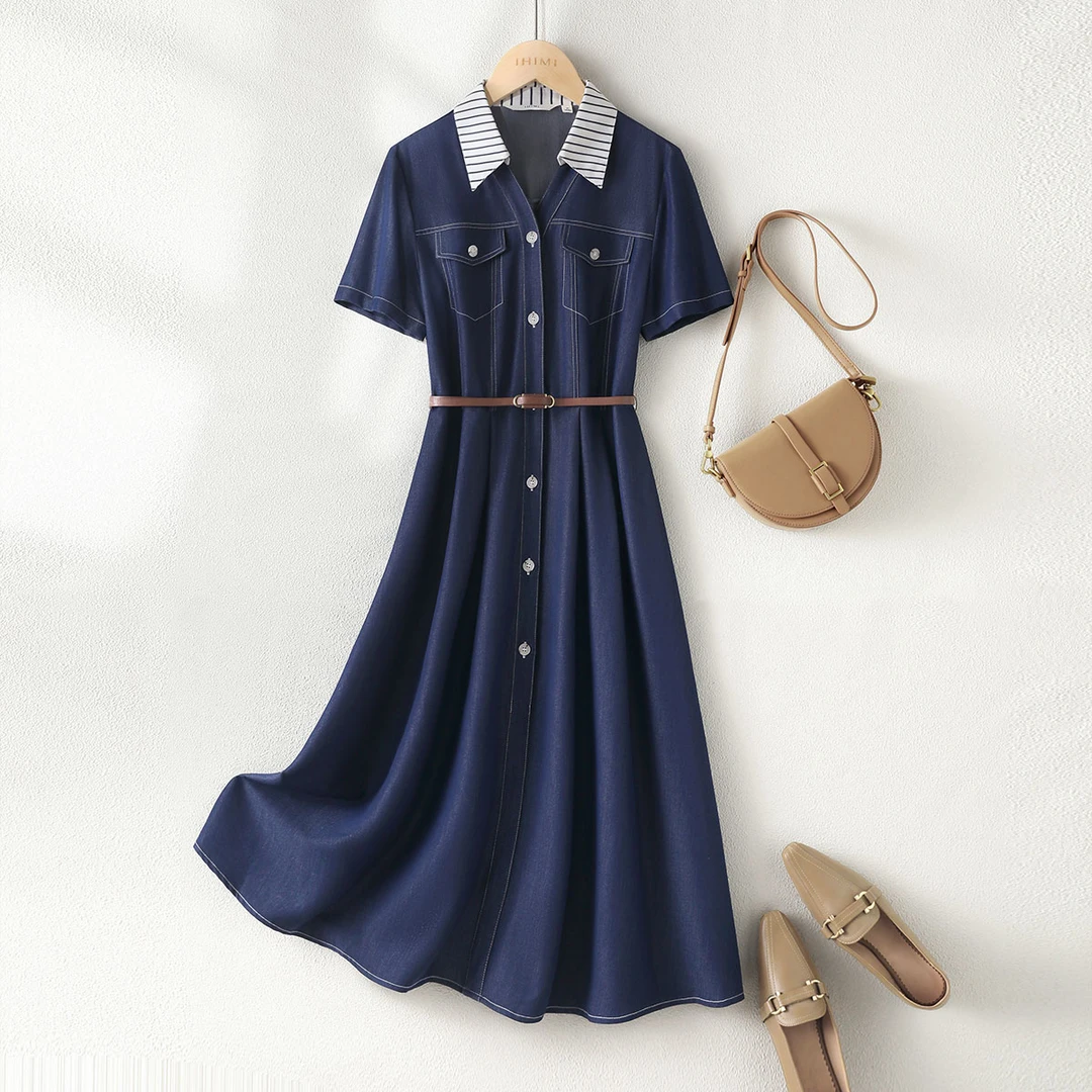 IHIMI/海谧2025年夏季新款女装简约通勤条纹拼接领系腰带连衣裙