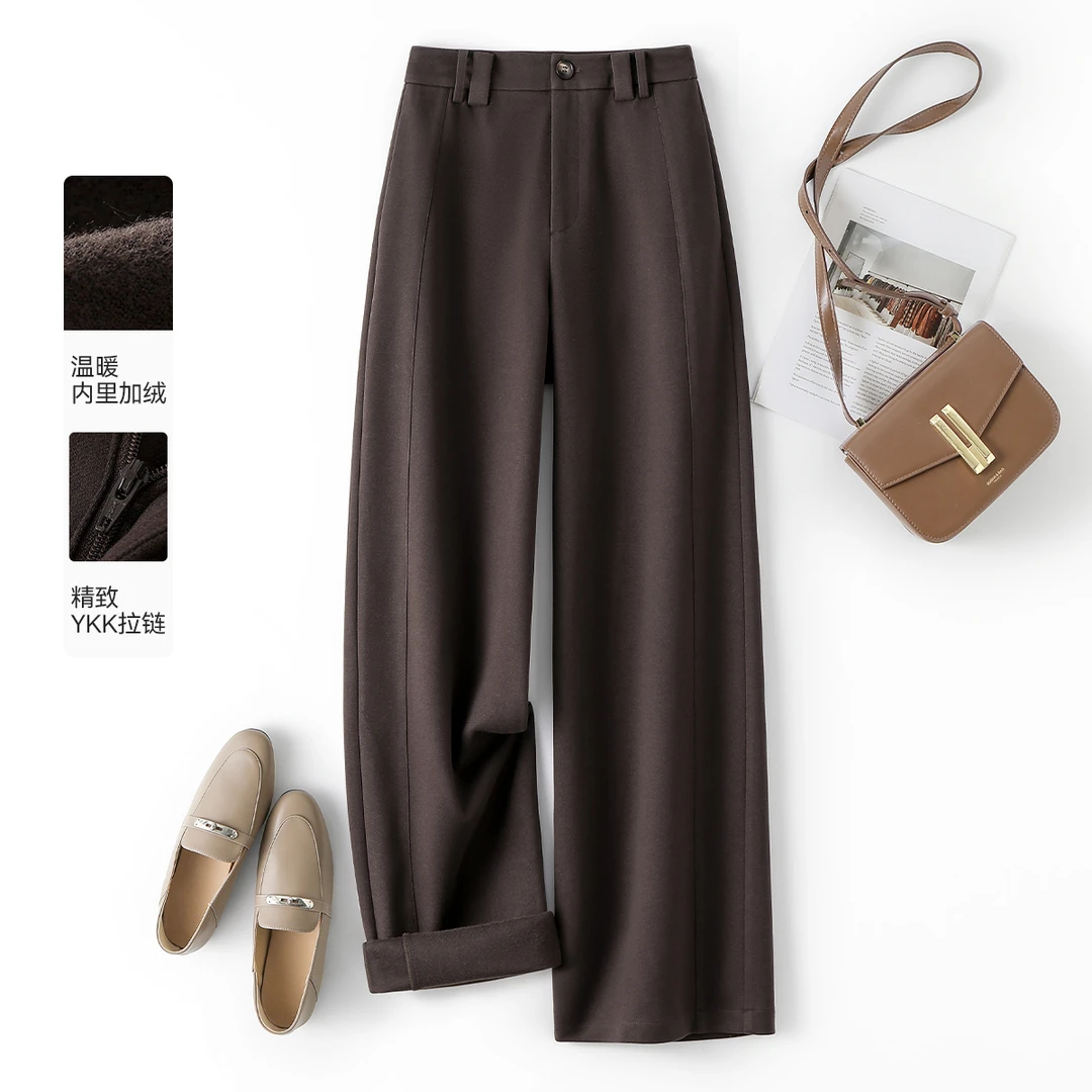 IHIMI/海谧2024年冬季新款女装通勤磨毛加厚阔腿裤高腰显瘦休闲裤