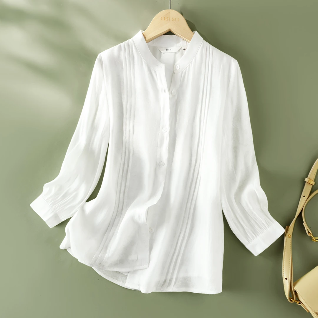 IHIMI2025年春季新款女装简约后背设计感舒适百搭七分袖压花衬衫