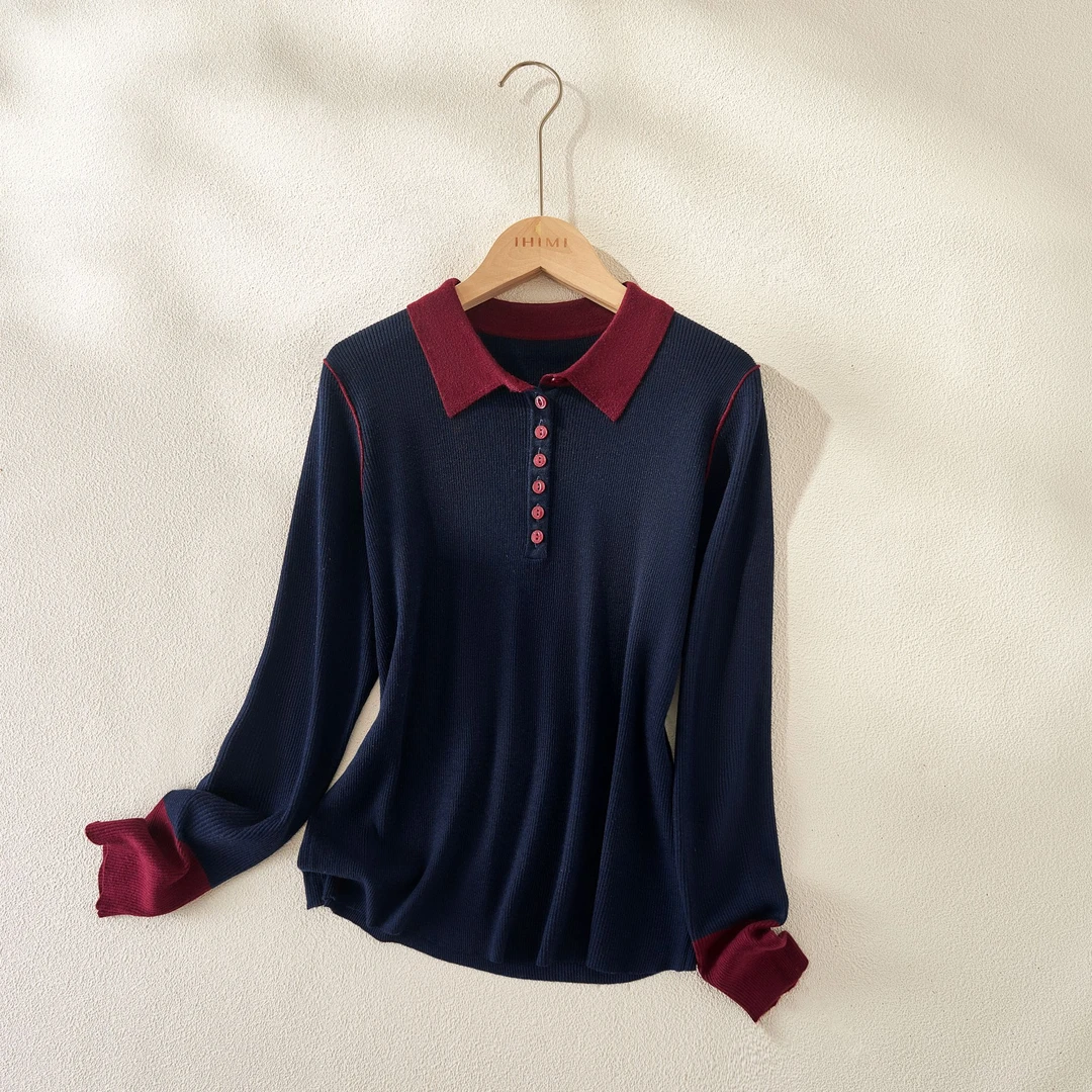 IHIMI/海谧【朱砂】2025年春新款撞色长袖减龄显瘦翻领针织衫上衣女