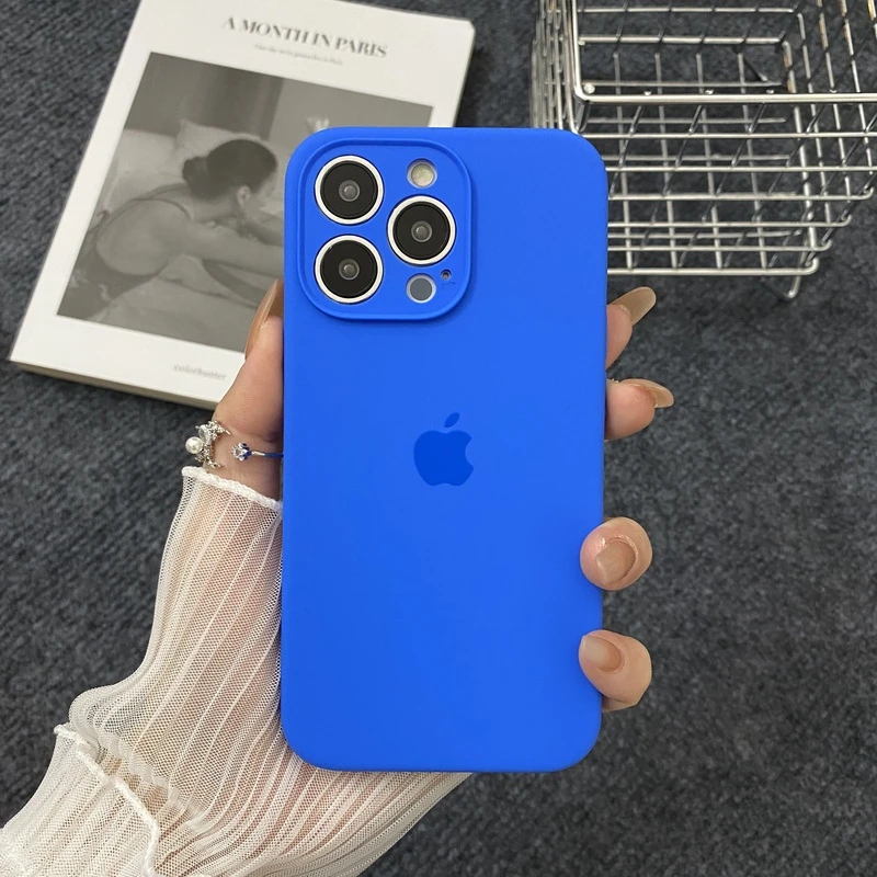 地中海蓝苹果15promax防摔手机壳液态硅胶iPhone14女款13简约全包