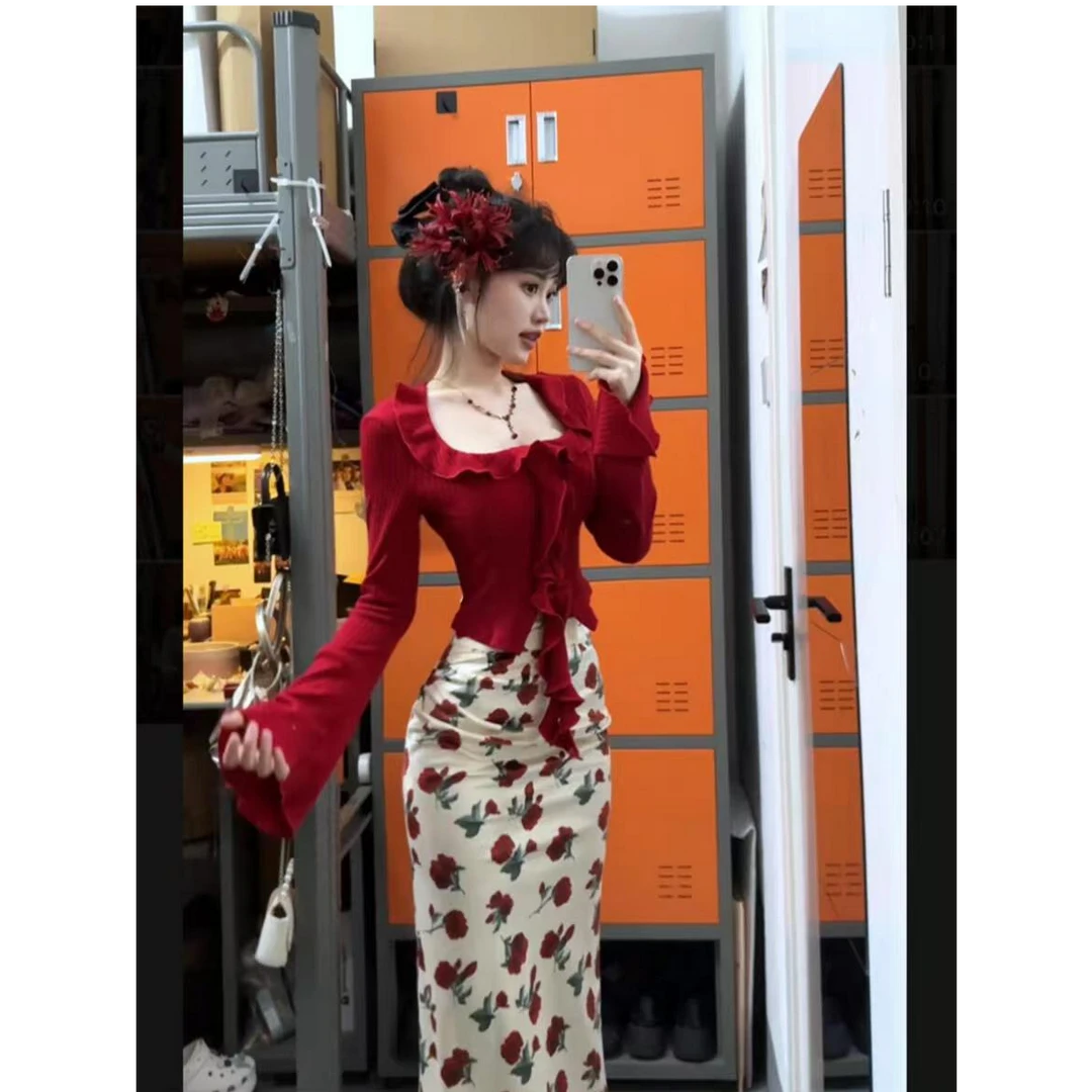 【玫瑰信笺】纯欲性感新中式国风港风红色针织衫上衣玫瑰半身裙套装