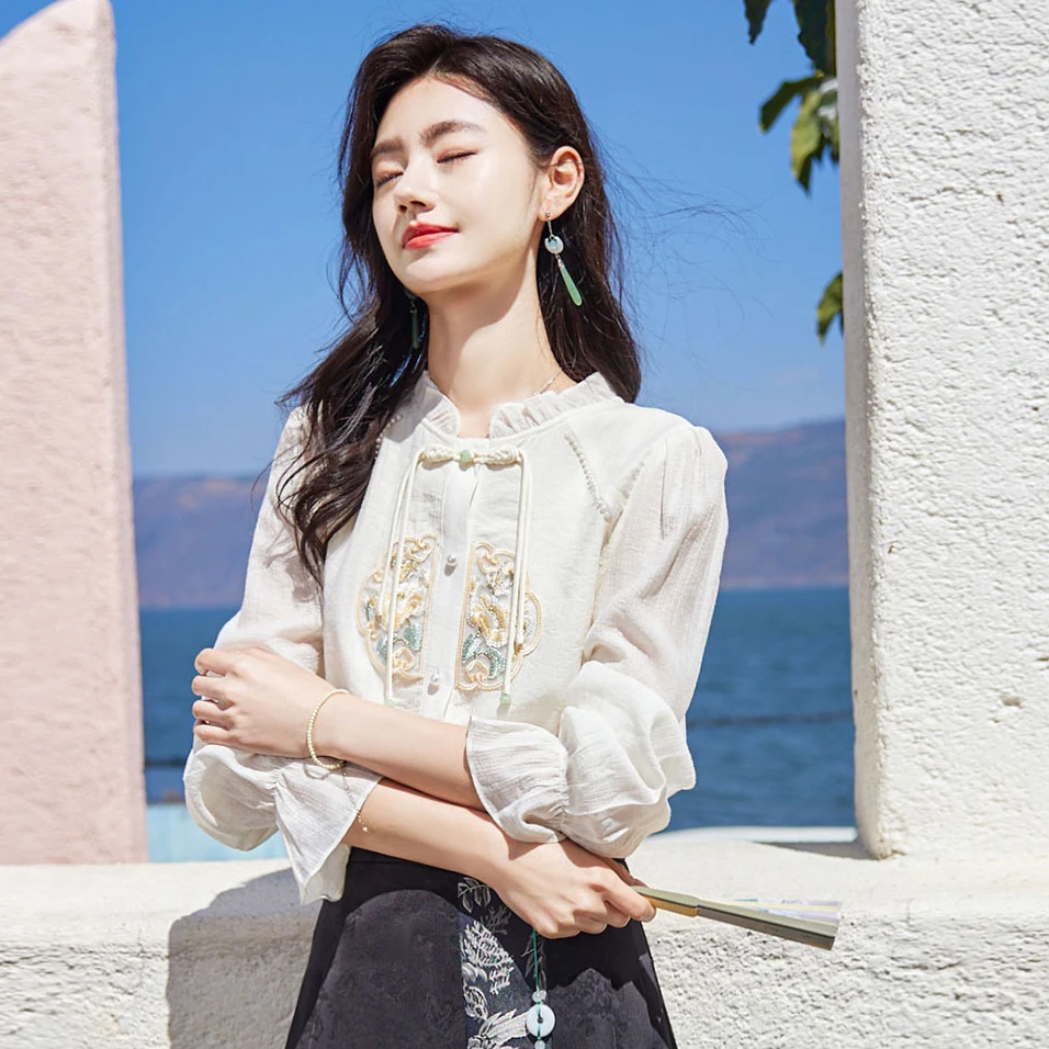 苏醒的乐园早秋中式中国风汉元素气质印花衬衫SXCS24057