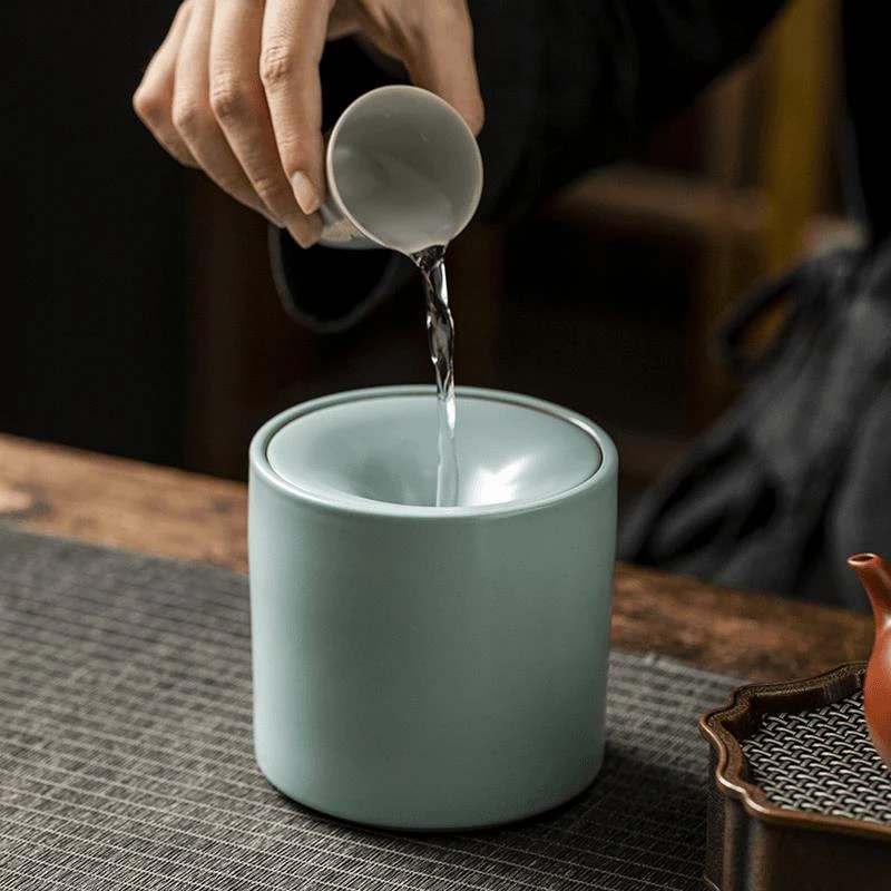 天青汝窑陶瓷水孟烟灰缸茶渣缸建水纯色简约家用客厅烟灰缸带盖大