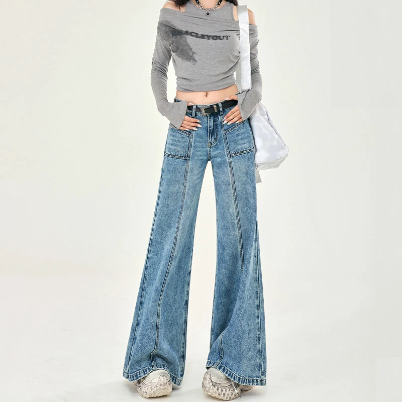 美式拼接微喇叭牛仔裤女2024年秋季新款低腰宽松阔腿显瘦拖地裤子