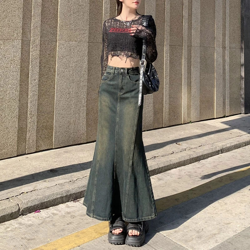 复古蓝牛仔半身裙女2025年春季新款高腰显瘦中长款鱼尾包臀裙子潮