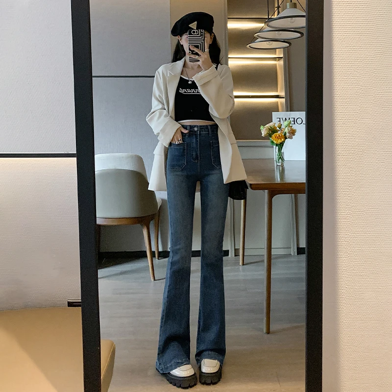 复古微喇叭牛仔裤女春秋2025新款高腰显瘦弹力马蹄喇叭裤子小个子