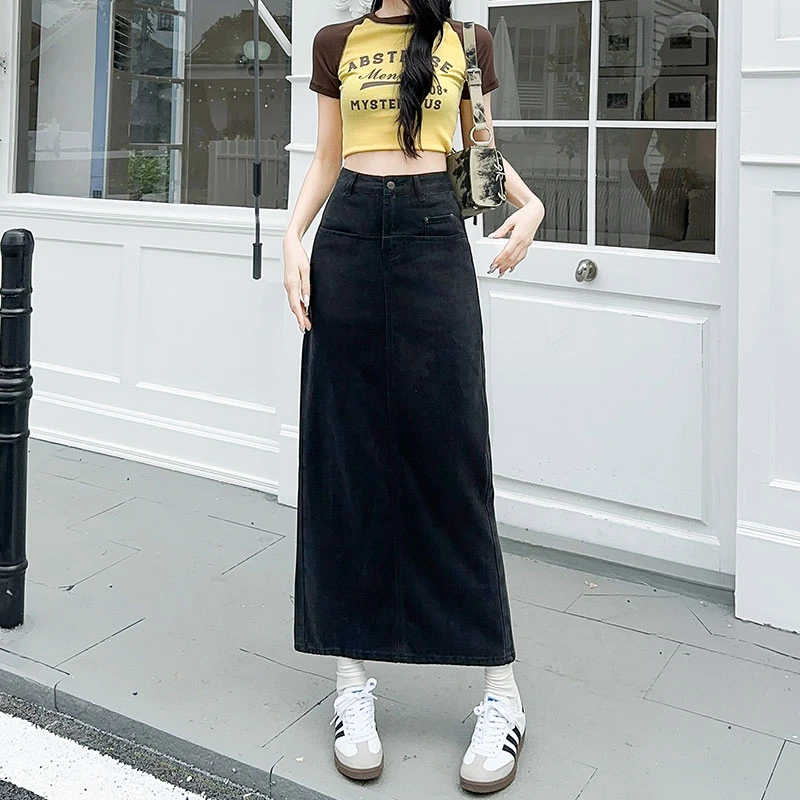 高腰黑色后开叉牛仔半身裙女2024年夏季新款小个子a字包臀中长裙