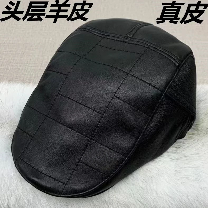 2024新款真皮帽子男士头层羊皮鸭舌帽中老年秋冬季保暖时尚可调节