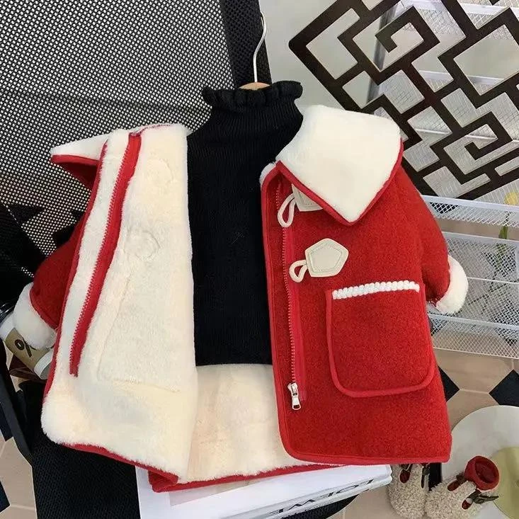 大促女童加绒毛呢外套冬装新款儿童呢子大衣宝宝红色过年