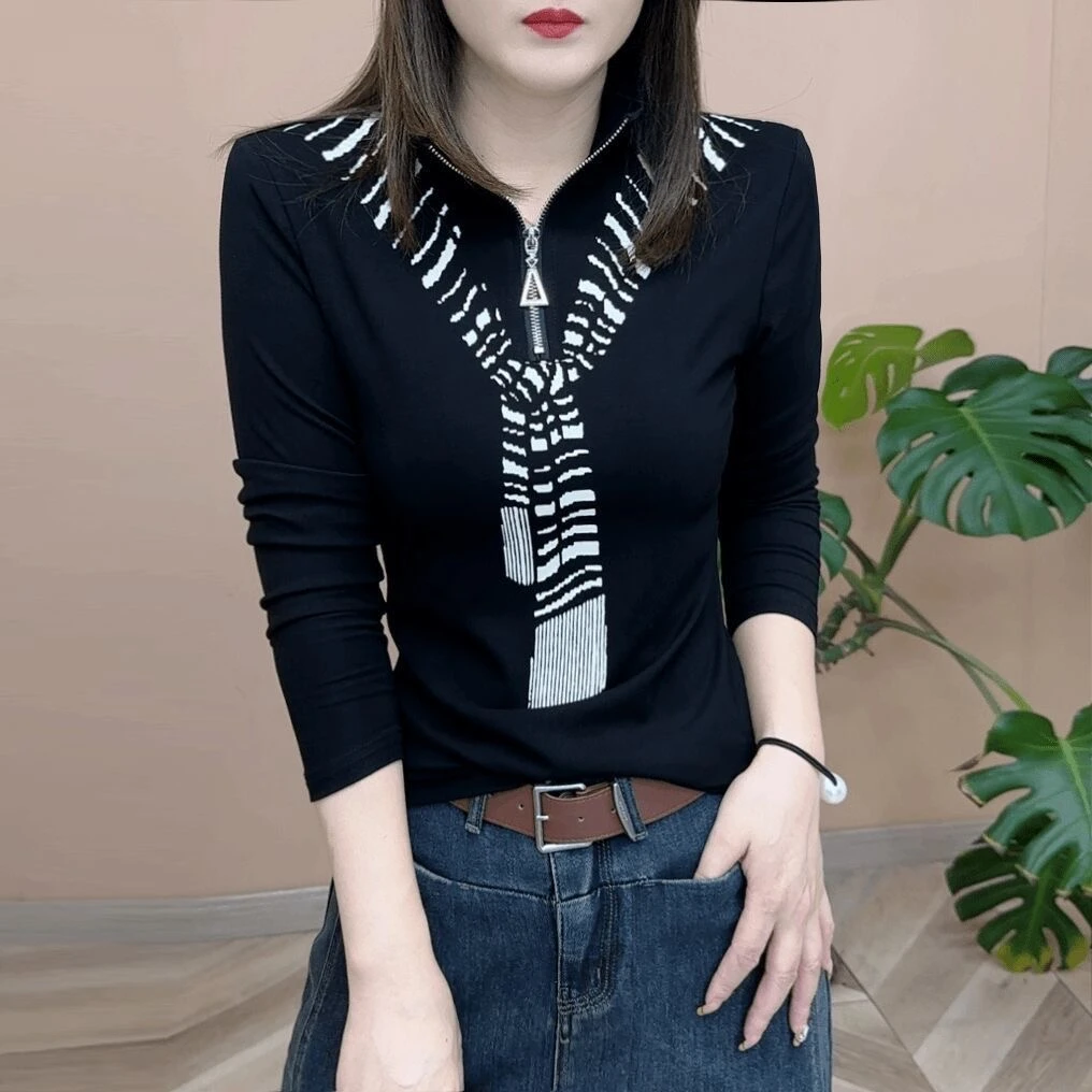 春秋百搭时尚拉链高领长袖打底T恤女士休闲减龄印花小衫上衣外穿