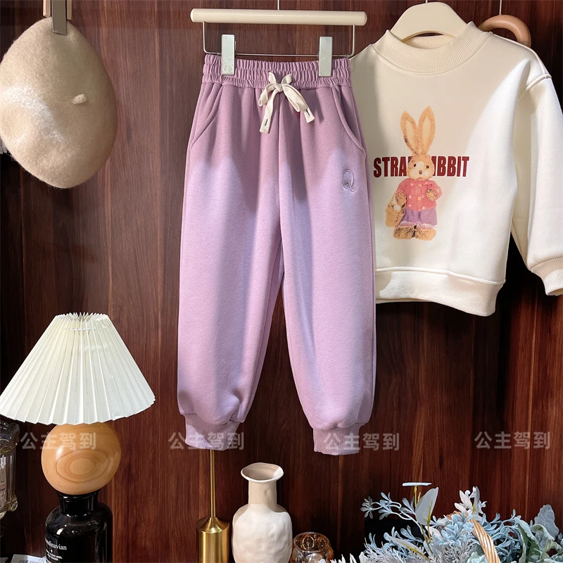 预售【香芋】3992儿童加绒卫裤女童休闲裤宽松加厚冬季裤子保暖