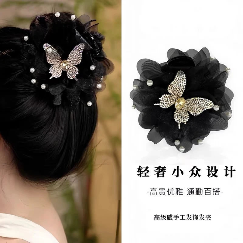 高级感手工镶嵌珠珠蝴蝶鲨鱼夹时尚黑色百搭发饰优雅重工轻奢饰品