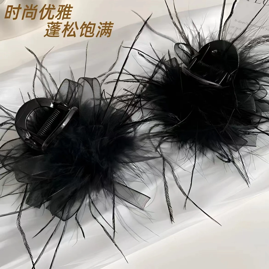 新款后脑勺气质高级羽毛发夹鸵鸟鲨鱼夹爆款时尚头饰