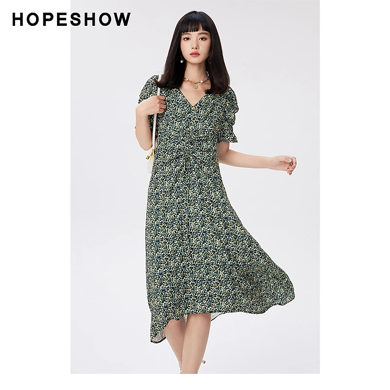 红袖秋季新款女装 印花抽绳不规则V领套头连衣裙89623251603