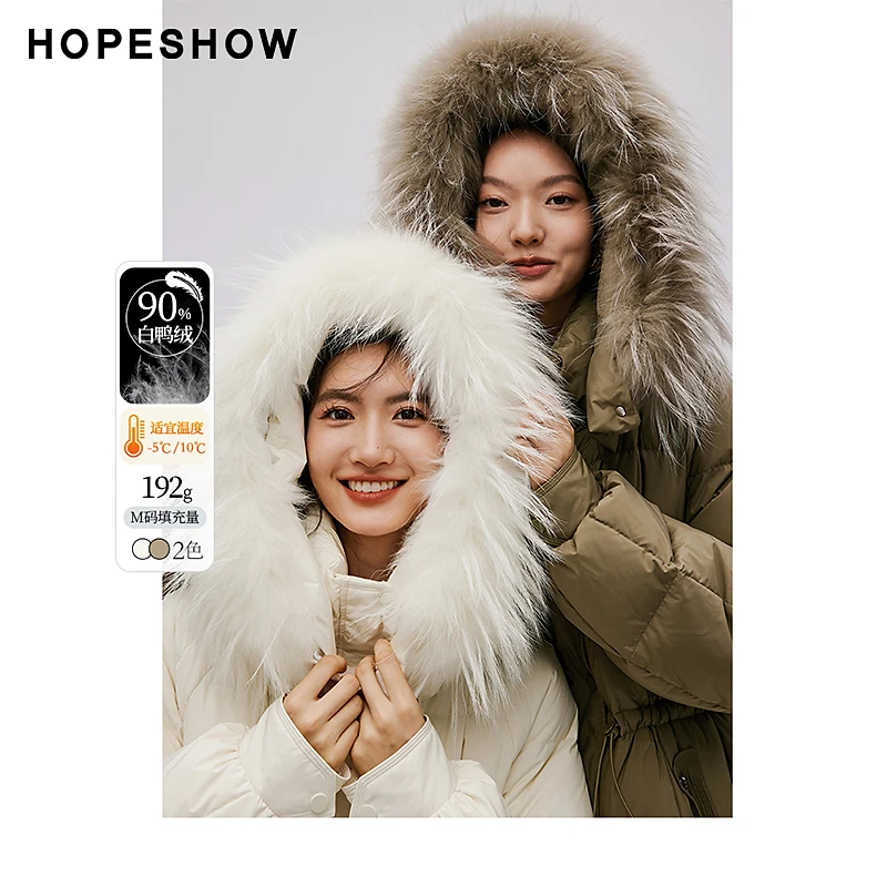 红袖冬季新款热力感女装 切格抽绳貉子毛领羽绒服90123380908