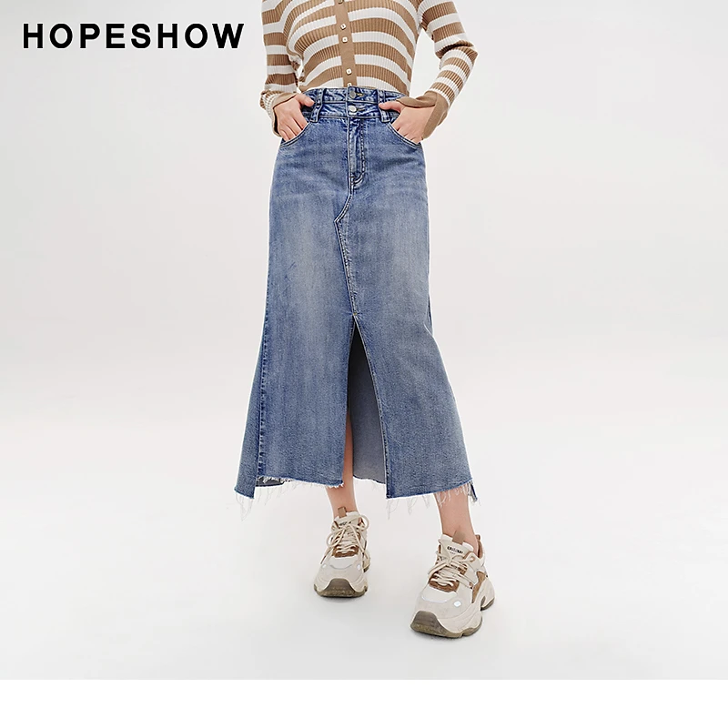 红袖春季2024新款女装 做旧水洗开叉两粒扣鱼尾牛仔裙89124051519