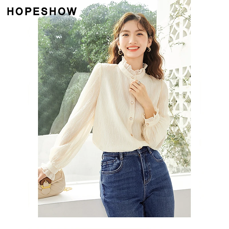 红袖春季2025新款女装立体压花单排扣木耳边立领衬衫90123020305