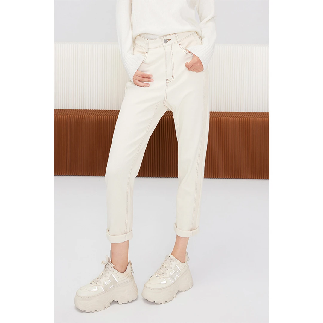 【籽言专属】红袖撞色贴标一粒扣牛仔长裤89123421307