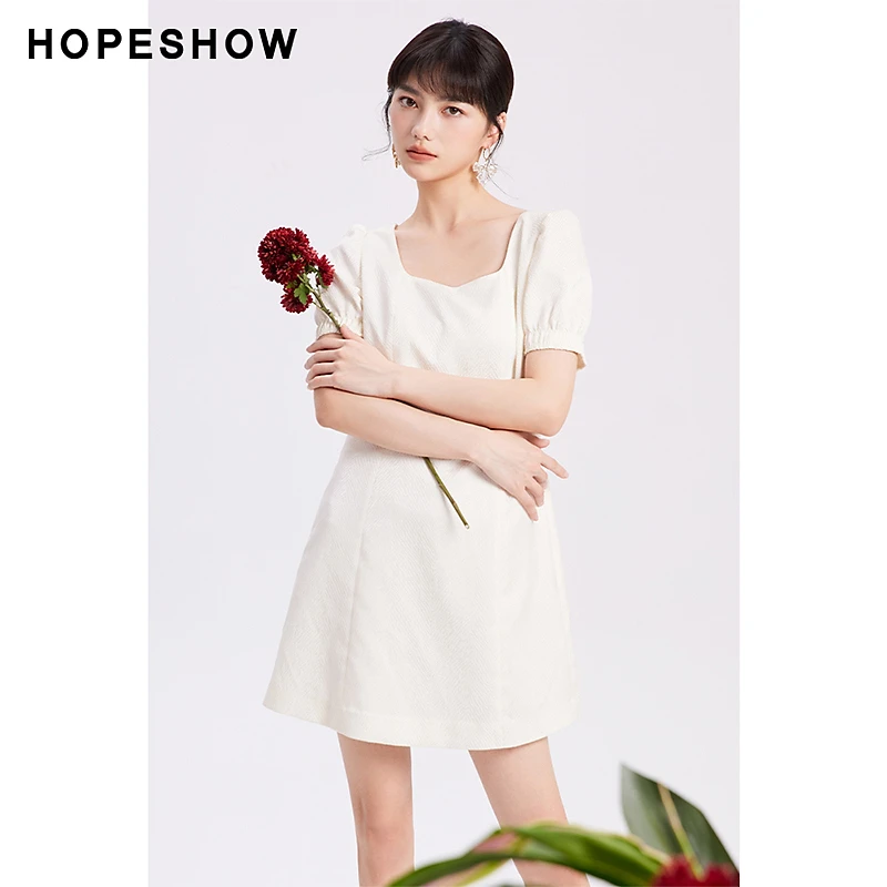 红袖夏季新款女装肌理感收腰方领套头白色时尚连衣裙89123131601