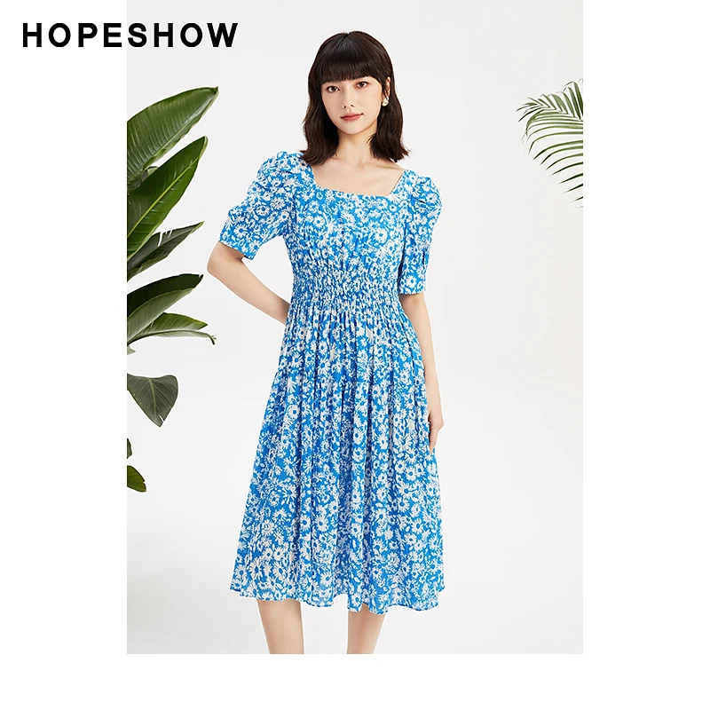 红袖印花泡泡袖收腰方领连衣裙89123141607