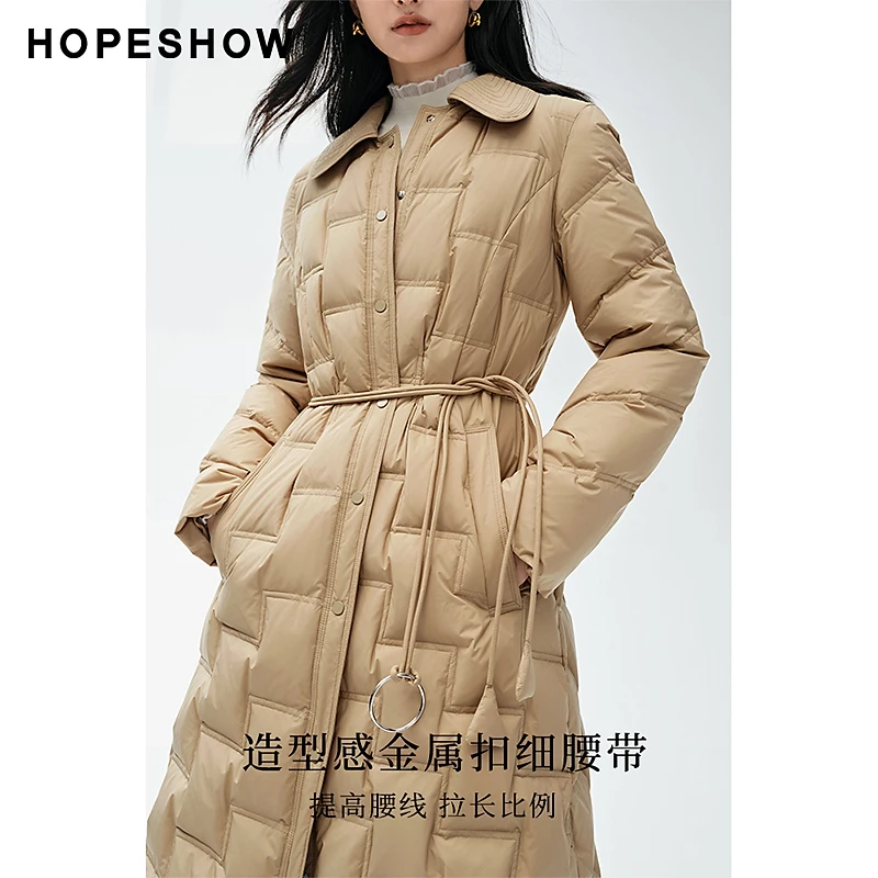 【陈大可专属】红袖格纹单排扣娃娃领长款羽绒服90123350903