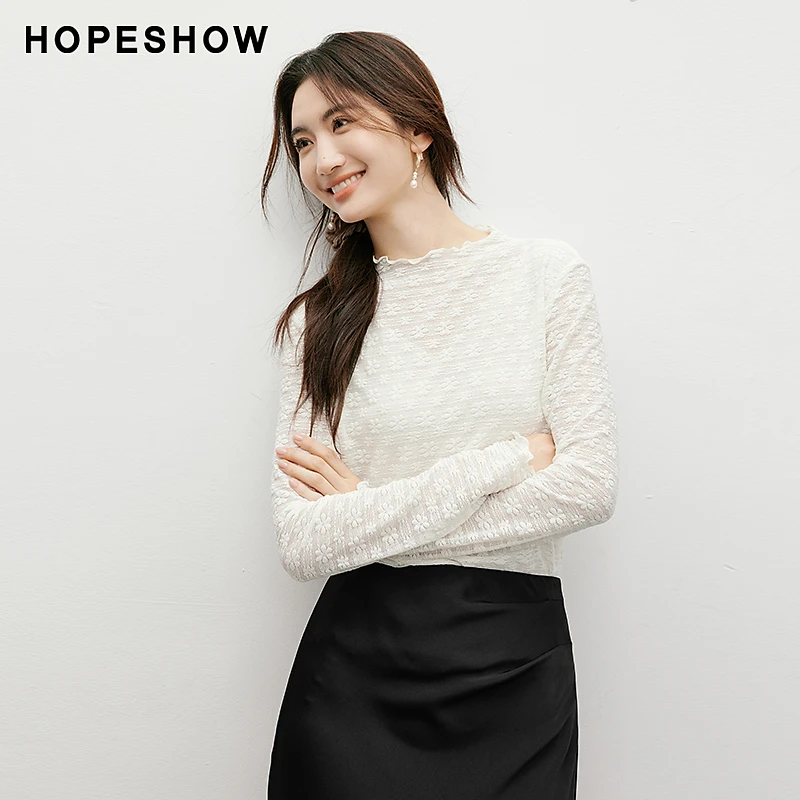 红袖秋季2024秋冬新款女装肌理感蕾丝半高领套头上衣90124290207