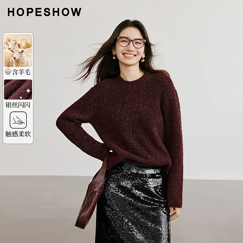 红袖冬季2024高领新款女装落肩圆领套头一手长针织衫90124390109