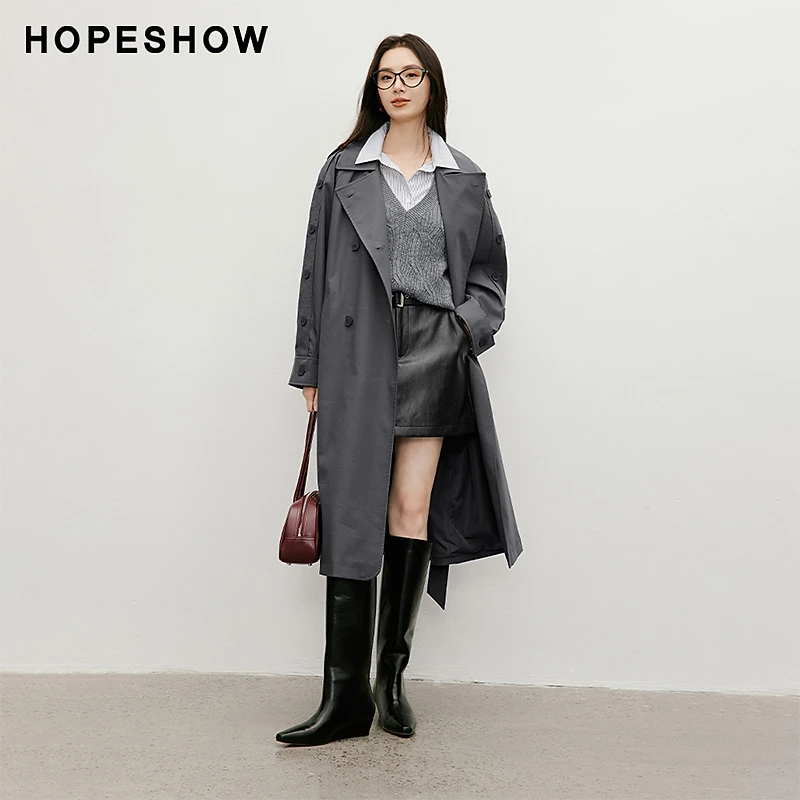 红袖秋季2024新款女装 插肩袖双排异型扣翻领长风衣90124310702